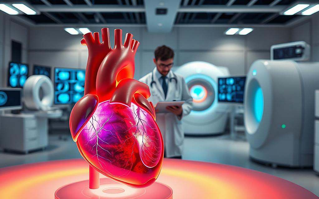 A captivating and informative illustration of molecular imaging in cardiology, focusing on a high-tech interaction between advanced imaging equipment and a human heart model. In the foreground, a detailed 3D representation of a human heart, highlighting molecular structures and radioactive tracers within the myocardium, is displayed with vibrant colors. The middle layer features a professional researcher in a lab coat, analyzing data on a digital tablet, surrounded by monitors showing complex imaging scans. The background includes a modern laboratory setting, filled with sophisticated imaging devices like PET and SPECT machines, illuminated by soft, clinical lighting to create a focused, professional atmosphere. The angle is slightly elevated, providing a clear view of the heart model and equipment while maintaining a dynamic, engaging perspective. A captivating and informative illustration of molecular imaging in cardiology, focusing on a high-tech interaction between advanced imaging equipment and a human heart model. In the foreground, a detailed 3D representation of a human heart, highlighting molecular structures and radioactive tracers within the myocardium, is displayed with vibrant colors. The middle layer features a professional researcher in a lab coat, analyzing data on a digital tablet, surrounded by monitors showing complex imaging scans. The background includes a modern laboratory setting, filled with sophisticated imaging devices like PET and SPECT machines, illuminated by soft, clinical lighting to create a focused, professional atmosphere. The angle is slightly elevated, providing a clear view of the heart model and equipment while maintaining a dynamic, engaging perspective.