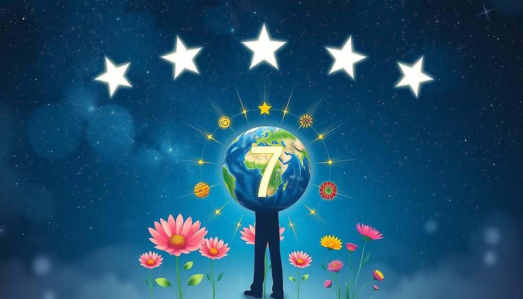 A captivating illustration symbolizing the cultural significance of the number seven, featuring a beautifully designed cosmic scene in the background, filled with seven stars shining brightly against a deep blue night sky. In the foreground, a serene figure in professional attire stands, holding a globe adorned with seven key cultural symbols from around the world, representing unity and diversity. The middle ground showcases seven vibrant flowers radiating energy and color, intermingled with delicate patterns evoking traditional art. Soft, ethereal lighting bathes the scene in a mystical glow, creating an atmosphere of wonder and enlightenment. The perspective is slightly upward, inviting viewers to contemplate the deep cultural ties of the number seven in a harmonious composition without any text or distractions.