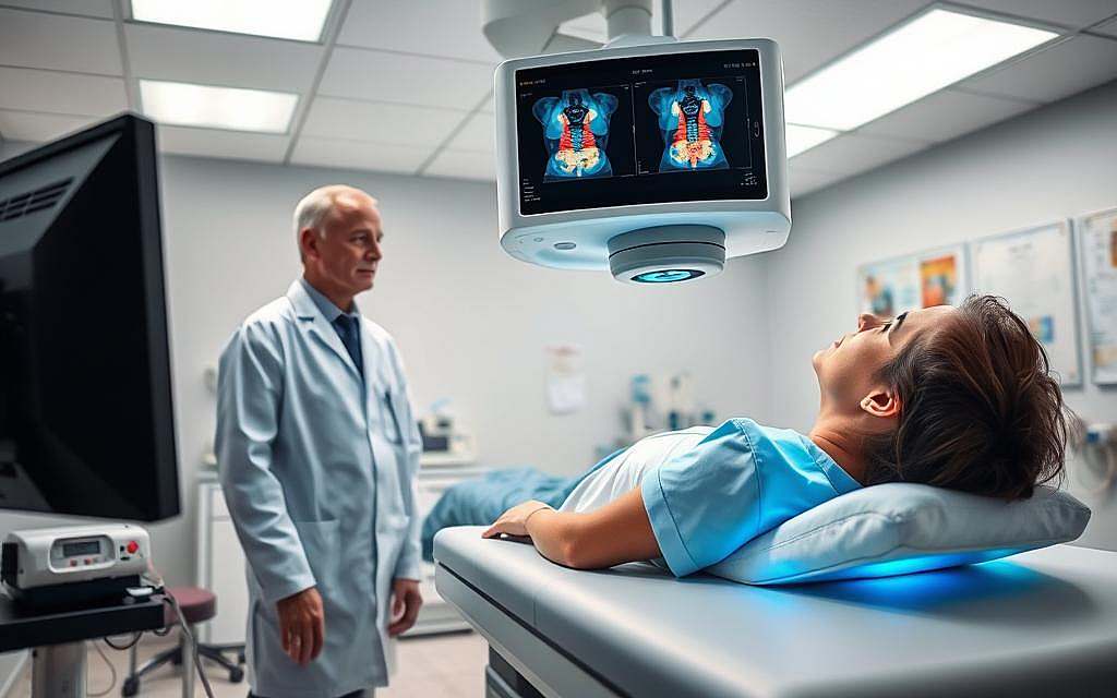 A clinical setting featuring a Schilddrüsenszintigraphie (thyroid scintigraphy) procedure. In the foreground, a healthcare professional, dressed in a white lab coat, is interpreting the results on a monitor, displaying a colorful thyroid scan. In the middle, a patient reclining comfortably on an examination table, with a small scanner positioned above them, emits a soft blue light, highlighting the area of interest on their neck. The room is well-lit with overhead fluorescent lighting, creating a bright and sterile atmosphere. In the background, medical equipment and charts related to nuclear medicine can be seen, emphasizing the diagnostic process. The mood is professional and focused, reflecting the advancements in nuclear medicine in the diagnosis and treatment of thyroid diseases. A clinical setting featuring a Schilddrüsenszintigraphie (thyroid scintigraphy) procedure. In the foreground, a healthcare professional, dressed in a white lab coat, is interpreting the results on a monitor, displaying a colorful thyroid scan. In the middle, a patient reclining comfortably on an examination table, with a small scanner positioned above them, emits a soft blue light, highlighting the area of interest on their neck. The room is well-lit with overhead fluorescent lighting, creating a bright and sterile atmosphere. In the background, medical equipment and charts related to nuclear medicine can be seen, emphasizing the diagnostic process. The mood is professional and focused, reflecting the advancements in nuclear medicine in the diagnosis and treatment of thyroid diseases.