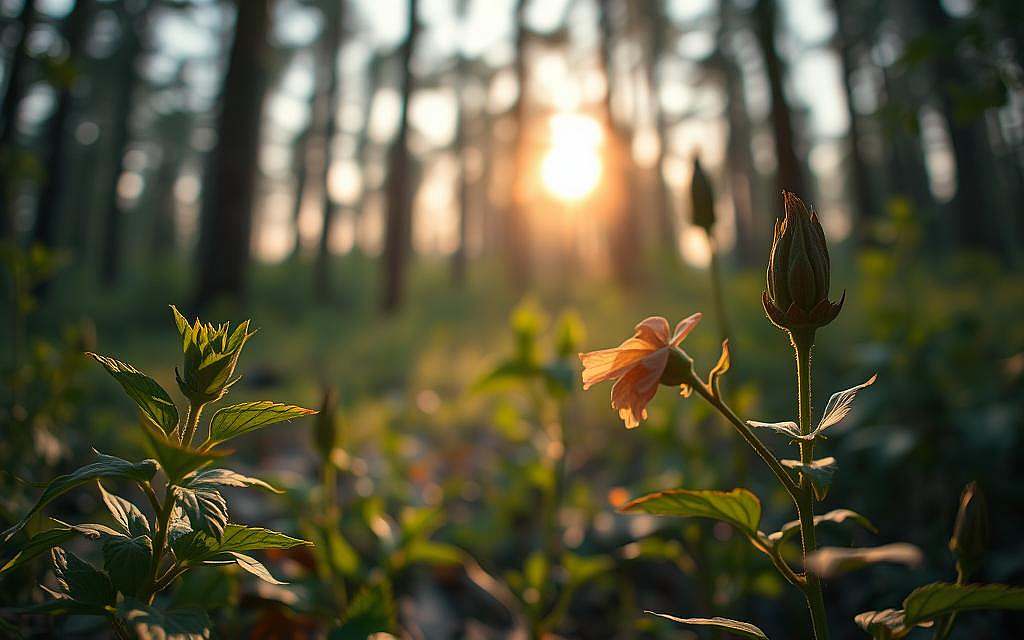 A close-up view of a forest setting focusing on two contrasting plants: one is a lush, vibrant wild herb known for its beneficial properties, while the other is its dangerous lookalike. In the foreground, dramatic lighting highlights the intricate details of the leaves and petals, showcasing their similarities and differences. The middle ground features a soft, blurred texture of the forest floor, with dappled sunlight filtering through the trees, creating an atmosphere of serenity but also unease. The background includes tall trees softly silhouetted against a fading twilight sky, enhancing the mystery of nature. Capture a sense of tension in the image, as if there's both beauty and danger coexisting in this tranquil woodland. A close-up view of a forest setting focusing on two contrasting plants: one is a lush, vibrant wild herb known for its beneficial properties, while the other is its dangerous lookalike. In the foreground, dramatic lighting highlights the intricate details of the leaves and petals, showcasing their similarities and differences. The middle ground features a soft, blurred texture of the forest floor, with dappled sunlight filtering through the trees, creating an atmosphere of serenity but also unease. The background includes tall trees softly silhouetted against a fading twilight sky, enhancing the mystery of nature. Capture a sense of tension in the image, as if there's both beauty and danger coexisting in this tranquil woodland.