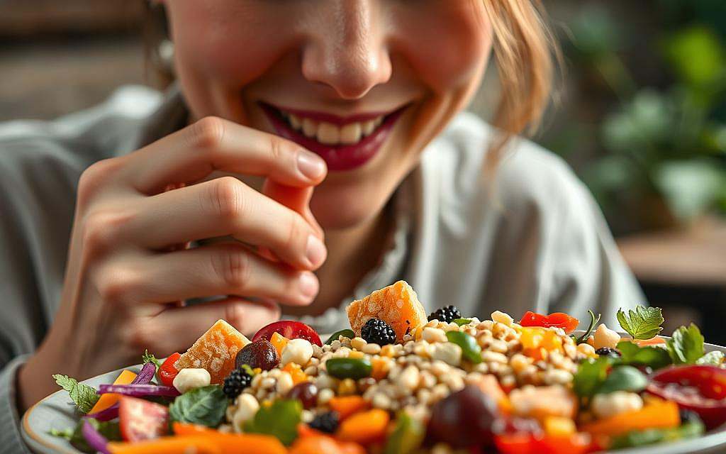 A close-up view of a person savoring a colorful, healthy meal, focusing on the act of chewing. The foreground features an elegantly composed plate filled with vibrant vegetables, grains, and lean proteins, with pieces captured mid-bite. The middle ground showcases the individual's face, conveying focus and appreciation for the food, dressed in modest, casual clothing. Soft, diffused natural light creates a warm ambiance, highlighting the textures of the food and the expression of enjoyment. The background is softly blurred, featuring a rustic dining table and gentle greenery, evoking a sense of tranquility and mindfulness associated with the slow eating experience. The overall mood should be inviting and reflective, celebrating the joy of taking time to savor every bite. A close-up view of a person savoring a colorful, healthy meal, focusing on the act of chewing. The foreground features an elegantly composed plate filled with vibrant vegetables, grains, and lean proteins, with pieces captured mid-bite. The middle ground showcases the individual's face, conveying focus and appreciation for the food, dressed in modest, casual clothing. Soft, diffused natural light creates a warm ambiance, highlighting the textures of the food and the expression of enjoyment. The background is softly blurred, featuring a rustic dining table and gentle greenery, evoking a sense of tranquility and mindfulness associated with the slow eating experience. The overall mood should be inviting and reflective, celebrating the joy of taking time to savor every bite.
