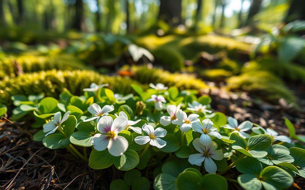A close-up view of Wald-Sauerklee (Oxalis acetosella) flowers, showcasing their delicate white and purple petals with vibrant green clover-like leaves spread out in a lush forest floor setting. In the foreground, capture several clusters of this small spring plant, emphasizing the interesting textures and subtle variations in leaf color, illuminated by soft, dappled sunlight filtering through the canopy above. In the middle ground, depict a background of rich, deep greens from surrounding ferns and moss, contributing to a serene and tranquil forest atmosphere. The overall mood should evoke a sense of freshness and awakening, indicative of spring's arrival. Use a macro lens effect to enhance detail and create a shallow depth of field, subtly blurring the background while keeping the Wald-Sauerklee in sharp focus. A close-up view of Wald-Sauerklee (Oxalis acetosella) flowers, showcasing their delicate white and purple petals with vibrant green clover-like leaves spread out in a lush forest floor setting. In the foreground, capture several clusters of this small spring plant, emphasizing the interesting textures and subtle variations in leaf color, illuminated by soft, dappled sunlight filtering through the canopy above. In the middle ground, depict a background of rich, deep greens from surrounding ferns and moss, contributing to a serene and tranquil forest atmosphere. The overall mood should evoke a sense of freshness and awakening, indicative of spring's arrival. Use a macro lens effect to enhance detail and create a shallow depth of field, subtly blurring the background while keeping the Wald-Sauerklee in sharp focus.