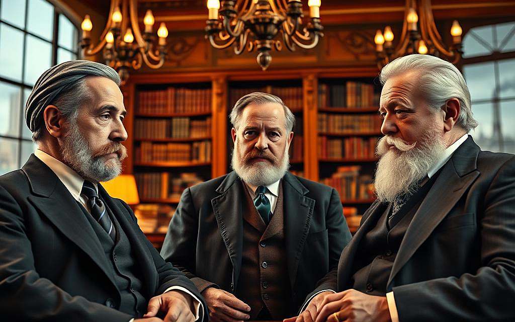 A composition featuring three influential historical figures: John D. Rockefeller, Andrew Carnegie, and Mayer Amschel Rothschild. In the foreground, depict them engaged in a serious discussion, dressed in professional business attire, with stoic expressions that convey their powerful presence. The middle layer showcases a lavish office setting, filled with books and ornate decorations that reflect their wealth and status, illuminated by warm, ambient lighting from elegant chandeliers. In the background, gently blurred, hint at a cityscape representing industrial progress, with towering buildings and smokestacks. The overall mood is one of gravitas and authority, underscoring their impact on modern society and medicine. Use a slightly low angle to emphasize their stature and importance within the composition. A composition featuring three influential historical figures: John D. Rockefeller, Andrew Carnegie, and Mayer Amschel Rothschild. In the foreground, depict them engaged in a serious discussion, dressed in professional business attire, with stoic expressions that convey their powerful presence. The middle layer showcases a lavish office setting, filled with books and ornate decorations that reflect their wealth and status, illuminated by warm, ambient lighting from elegant chandeliers. In the background, gently blurred, hint at a cityscape representing industrial progress, with towering buildings and smokestacks. The overall mood is one of gravitas and authority, underscoring their impact on modern society and medicine. Use a slightly low angle to emphasize their stature and importance within the composition.