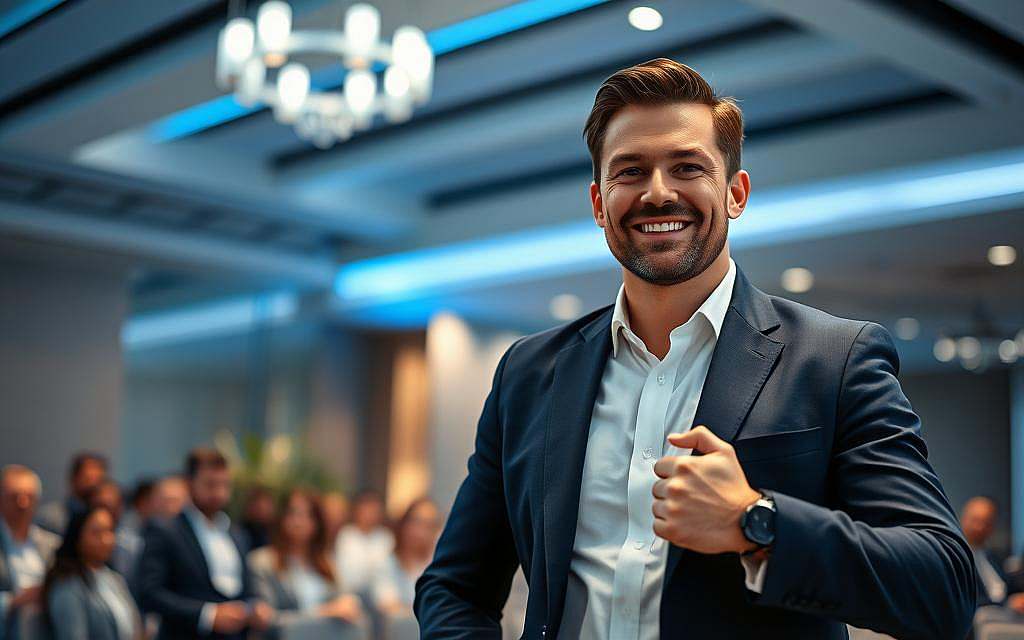 A confident business professional standing in a dynamic pose, exuding charisma and presence, with a warm smile that engages the viewer. The foreground showcases the person dressed in a tailored navy blazer and crisp white shirt, emphasizing professionalism. In the middle ground, a softly blurred audience can be seen, captivated by the speaker’s energy, reflecting an atmosphere of connection and communication. The background features a modern, elegantly lit conference room with subtle hues of blue and silver, enhancing the mood of sophistication and authority. Soft lighting illuminates the subject’s face, creating an inviting warmth, while a low-angle shot adds a sense of importance and impact to the scene. The overall atmosphere conveys the essence of powerful communication, capturing the essence of 'presence before words'. A confident business professional standing in a dynamic pose, exuding charisma and presence, with a warm smile that engages the viewer. The foreground showcases the person dressed in a tailored navy blazer and crisp white shirt, emphasizing professionalism. In the middle ground, a softly blurred audience can be seen, captivated by the speaker’s energy, reflecting an atmosphere of connection and communication. The background features a modern, elegantly lit conference room with subtle hues of blue and silver, enhancing the mood of sophistication and authority. Soft lighting illuminates the subject’s face, creating an inviting warmth, while a low-angle shot adds a sense of importance and impact to the scene. The overall atmosphere conveys the essence of powerful communication, capturing the essence of 'presence before words'.