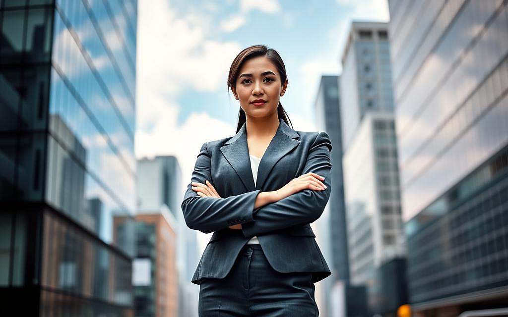 A confident businesswoman stands firmly, arms crossed, exuding self-assurance and authority. She is dressed in professional attire, with a sleek blazer and tailored trousers, set against a dynamic urban backdrop. The middle ground features a modern office building with glass facades reflecting the sky, symbolizing ambition and progress. In the background, a bustling cityscape conveys energy and opportunity. Soft, diffused lighting highlights her features, casting gentle shadows, while a shallow depth of field keeps the focus on her determined expression. The atmosphere is inspiring and empowering, signifying strength in setting boundaries and developing assertiveness. The image should evoke a sense of control and professionalism, ideal for illustrating the theme of personal empowerment in communication. A confident businesswoman stands firmly, arms crossed, exuding self-assurance and authority. She is dressed in professional attire, with a sleek blazer and tailored trousers, set against a dynamic urban backdrop. The middle ground features a modern office building with glass facades reflecting the sky, symbolizing ambition and progress. In the background, a bustling cityscape conveys energy and opportunity. Soft, diffused lighting highlights her features, casting gentle shadows, while a shallow depth of field keeps the focus on her determined expression. The atmosphere is inspiring and empowering, signifying strength in setting boundaries and developing assertiveness. The image should evoke a sense of control and professionalism, ideal for illustrating the theme of personal empowerment in communication.