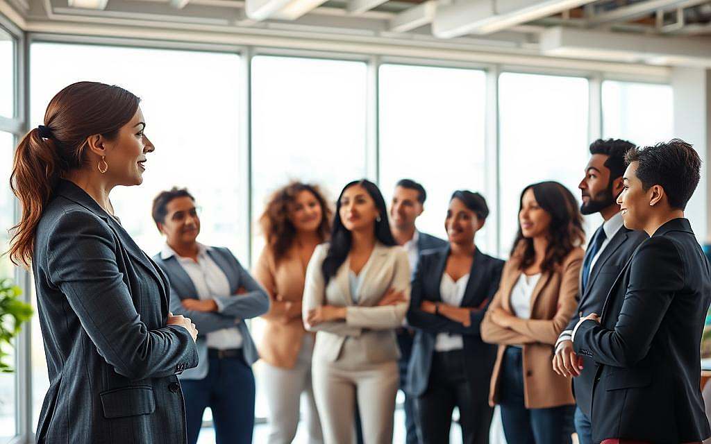 A confident, diverse group of professionals engaged in a dynamic discussion inside a modern office setting. In the foreground, a woman stands confidently presenting her ideas, her body language exuding confidence and enthusiasm, dressed in professional business attire. The middle ground features attentive colleagues, showcasing a mix of expressions from curiosity to eagerness, immersed in the dialogue. The background reveals large windows with natural light flooding the room, highlighting the bright atmosphere. The scene conveys a sense of support and collaboration, emphasizing the theme of overcoming language anxiety through cognitive restructuring and exposure training. The lighting is soft yet vibrant, creating an inviting workspace that inspires communication and presence. A confident, diverse group of professionals engaged in a dynamic discussion inside a modern office setting. In the foreground, a woman stands confidently presenting her ideas, her body language exuding confidence and enthusiasm, dressed in professional business attire. The middle ground features attentive colleagues, showcasing a mix of expressions from curiosity to eagerness, immersed in the dialogue. The background reveals large windows with natural light flooding the room, highlighting the bright atmosphere. The scene conveys a sense of support and collaboration, emphasizing the theme of overcoming language anxiety through cognitive restructuring and exposure training. The lighting is soft yet vibrant, creating an inviting workspace that inspires communication and presence.