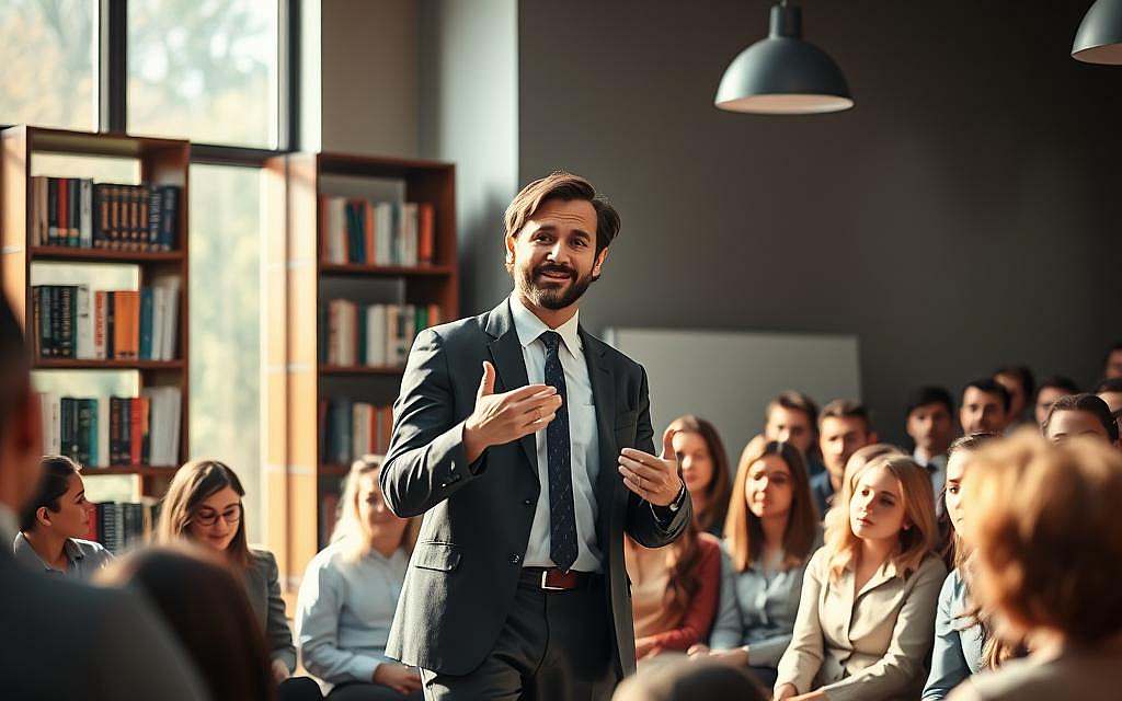 A confident individual in professional attire stands at the forefront, gesturing passionately as they engage with an audience of diverse listeners, who appear intrigued and inspired. The middle ground features a bookshelf filled with motivational books, symbolizing knowledge and development. In the background, soft natural lighting pours through a large window, creating a warm, inviting atmosphere that suggests growth and enlightenment. The scene is framed with a subtle depth of field effect, focusing on the speaker while softly blurring the audience, enhancing the mood of connection and persuasion. The overall ambiance is uplifting and empowering, reflecting the theme of developing one's persuasive skills systematically. A confident individual in professional attire stands at the forefront, gesturing passionately as they engage with an audience of diverse listeners, who appear intrigued and inspired. The middle ground features a bookshelf filled with motivational books, symbolizing knowledge and development. In the background, soft natural lighting pours through a large window, creating a warm, inviting atmosphere that suggests growth and enlightenment. The scene is framed with a subtle depth of field effect, focusing on the speaker while softly blurring the audience, enhancing the mood of connection and persuasion. The overall ambiance is uplifting and empowering, reflecting the theme of developing one's persuasive skills systematically.