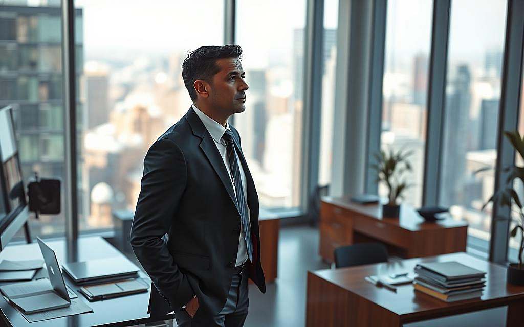 A contemplative figure standing in a modern office space, dressed in professional business attire, gazing out of a large window. The foreground features the individual, a mid-30s professional with a thoughtful expression, reflecting a sense of introspection. The middle ground includes an elegant wooden desk cluttered with notebooks and a laptop, symbolizing the chaos of self-doubt transforming into productivity. The background showcases a bustling cityscape, bathed in soft natural light, creating a contrast between the inner struggle and outer world. The mood is a balance of uncertainty and hope, emphasizing personal growth. The perspective is slightly above eye level, focusing on the figure's expression as they find clarity amidst their doubts. A contemplative figure standing in a modern office space, dressed in professional business attire, gazing out of a large window. The foreground features the individual, a mid-30s professional with a thoughtful expression, reflecting a sense of introspection. The middle ground includes an elegant wooden desk cluttered with notebooks and a laptop, symbolizing the chaos of self-doubt transforming into productivity. The background showcases a bustling cityscape, bathed in soft natural light, creating a contrast between the inner struggle and outer world. The mood is a balance of uncertainty and hope, emphasizing personal growth. The perspective is slightly above eye level, focusing on the figure's expression as they find clarity amidst their doubts.