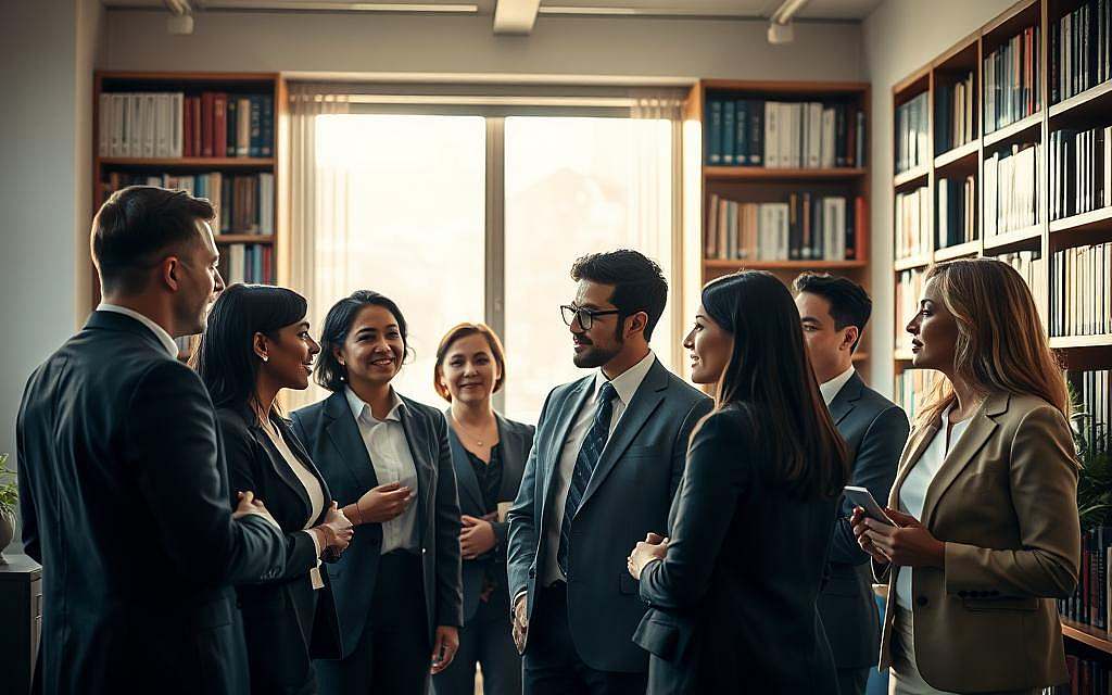 A contemplative office environment highlighting the theme of emotional intelligence. In the foreground, a diverse group of professionals of various ethnicities and backgrounds, all dressed in formal business attire, are engaged in a deep discussion, showcasing expressions of empathy and understanding. Their body language is open and inviting, illustrating connection and collaboration. In the middle ground, a large window allows soft, warm sunlight to stream in, casting gentle shadows that enhance the inviting atmosphere. The background features bookshelves filled with literature on psychology and emotional intelligence, adding a scholarly touch. The overall mood is warm, optimistic, and intellectually stimulating, emphasizing the importance of emotional senses in human perception. A contemplative office environment highlighting the theme of emotional intelligence. In the foreground, a diverse group of professionals of various ethnicities and backgrounds, all dressed in formal business attire, are engaged in a deep discussion, showcasing expressions of empathy and understanding. Their body language is open and inviting, illustrating connection and collaboration. In the middle ground, a large window allows soft, warm sunlight to stream in, casting gentle shadows that enhance the inviting atmosphere. The background features bookshelves filled with literature on psychology and emotional intelligence, adding a scholarly touch. The overall mood is warm, optimistic, and intellectually stimulating, emphasizing the importance of emotional senses in human perception.