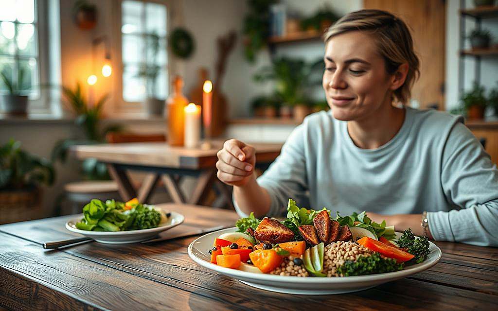 A cozy dining table set for a meal, featuring a beautifully arranged plate of vibrant, fresh food like colorful vegetables, fruits, and grains, highlighting the art of slow eating. In the foreground, a person in modest casual attire is savoring a bite, their expression showing enjoyment and mindfulness. In the middle background, warm candlelight flickers, creating an inviting atmosphere, while soft, natural light filters through a nearby window, casting gentle shadows. The overall mood is serene and peaceful, emphasizing the joy of taking time to appreciate each bite. The setting is a rustic kitchen with wooden accents, plants, and a minimalist design, reinforcing the concept of slowing down and enjoying meals. A cozy dining table set for a meal, featuring a beautifully arranged plate of vibrant, fresh food like colorful vegetables, fruits, and grains, highlighting the art of slow eating. In the foreground, a person in modest casual attire is savoring a bite, their expression showing enjoyment and mindfulness. In the middle background, warm candlelight flickers, creating an inviting atmosphere, while soft, natural light filters through a nearby window, casting gentle shadows. The overall mood is serene and peaceful, emphasizing the joy of taking time to appreciate each bite. The setting is a rustic kitchen with wooden accents, plants, and a minimalist design, reinforcing the concept of slowing down and enjoying meals.