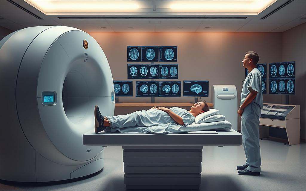 A detailed visualization of a Tau-PET (Positron Emission Tomography) scan in a clinical setting focused on neurological applications. In the foreground, a state-of-the-art PET scanner is prominently displayed, its sleek design reflecting modern technology. The middle ground showcases a patient lying comfortably on the scanner bed, dressed in modest hospital attire, while a radiologist, in professional scrubs, observes the imaging process with keen interest. The background features a softly lit, high-tech laboratory with monitors displaying brain scans, including images related to Alzheimer's and Parkinson's diseases. The atmosphere is serious yet hopeful, infused with a sense of innovation and care. The scene is illuminated by soft, ambient lighting to enhance the clinical environment, framed with a slight tilt to convey perspective. A detailed visualization of a Tau-PET (Positron Emission Tomography) scan in a clinical setting focused on neurological applications. In the foreground, a state-of-the-art PET scanner is prominently displayed, its sleek design reflecting modern technology. The middle ground showcases a patient lying comfortably on the scanner bed, dressed in modest hospital attire, while a radiologist, in professional scrubs, observes the imaging process with keen interest. The background features a softly lit, high-tech laboratory with monitors displaying brain scans, including images related to Alzheimer's and Parkinson's diseases. The atmosphere is serious yet hopeful, infused with a sense of innovation and care. The scene is illuminated by soft, ambient lighting to enhance the clinical environment, framed with a slight tilt to convey perspective.