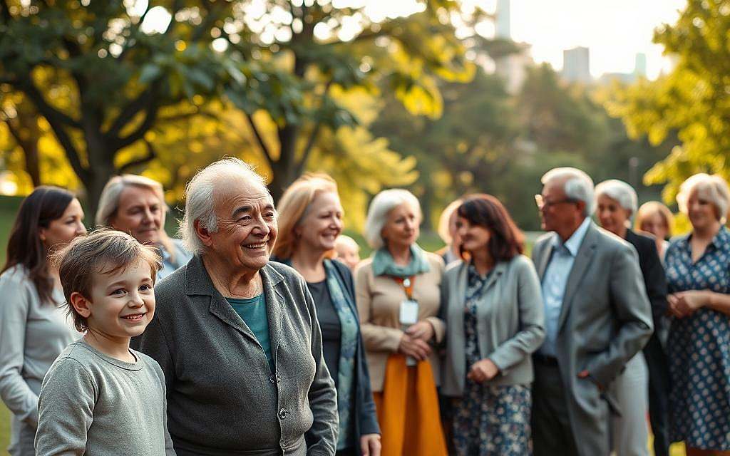 A diverse group of people of various ages, from children to elderly individuals, standing together in a park setting that symbolizes community and society. In the foreground, focus on a young child and an elderly person, smiling and sharing a moment, representing the span of psychosocial development. In the middle ground, adults engage in discussions, demonstrating active political and social involvement, all dressed in professional or modest casual attire. The background features lush greenery and a city skyline, portraying balance between nature and urban life. Soft, warm sunlight filters through the trees, casting gentle shadows, creating an uplifting and harmonious atmosphere. The angle is slightly elevated to capture the inclusivity and interconnectedness of all ages in society. A diverse group of people of various ages, from children to elderly individuals, standing together in a park setting that symbolizes community and society. In the foreground, focus on a young child and an elderly person, smiling and sharing a moment, representing the span of psychosocial development. In the middle ground, adults engage in discussions, demonstrating active political and social involvement, all dressed in professional or modest casual attire. The background features lush greenery and a city skyline, portraying balance between nature and urban life. Soft, warm sunlight filters through the trees, casting gentle shadows, creating an uplifting and harmonious atmosphere. The angle is slightly elevated to capture the inclusivity and interconnectedness of all ages in society.