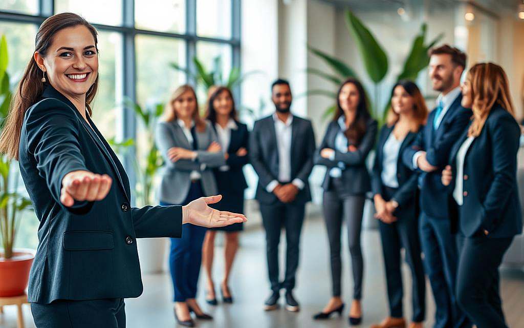 A diverse group of professional individuals standing in a modern office setting, engaging in a confident first meeting. In the foreground, a woman in a crisp business suit, with an approachable smile, extends her hand for a handshake. In the middle ground, a diverse group of men and women, all dressed in smart business attire, are engaged in thoughtful conversation, showcasing varying expressions of interest and enthusiasm. The background features large windows letting in natural light that highlights the openness of the space, with plants adding a touch of warmth. The atmosphere is inviting and energetic, reflecting a positive first impression. Use a soft focus lens to emphasize the foreground while keeping the background slightly blurred, enhancing the sense of connection and engagement among the characters. A diverse group of professional individuals standing in a modern office setting, engaging in a confident first meeting. In the foreground, a woman in a crisp business suit, with an approachable smile, extends her hand for a handshake. In the middle ground, a diverse group of men and women, all dressed in smart business attire, are engaged in thoughtful conversation, showcasing varying expressions of interest and enthusiasm. The background features large windows letting in natural light that highlights the openness of the space, with plants adding a touch of warmth. The atmosphere is inviting and energetic, reflecting a positive first impression. Use a soft focus lens to emphasize the foreground while keeping the background slightly blurred, enhancing the sense of connection and engagement among the characters.