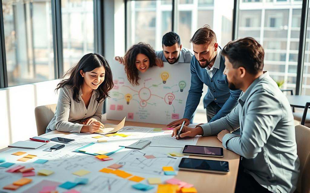 A diverse group of professionals, including a woman of Asian descent and a man of African descent, collaboratively brainstorming at a large table filled with colorful post-it notes, sketches, and digital tablets. In the foreground, light shines on their focused expressions, emphasizing creativity and problem-solving. The middle ground showcases a vibrant mind map on a whiteboard, displaying interconnected ideas with arrows and lightbulbs, symbolizing innovation. The background features a modern office environment with large windows, allowing natural sunlight to flood in, creating a warm and inspiring atmosphere. Soft shadows enhance the depth, while a slightly tilted angle adds dynamic perspective, evoking a sense of active engagement and collaboration. A diverse group of professionals, including a woman of Asian descent and a man of African descent, collaboratively brainstorming at a large table filled with colorful post-it notes, sketches, and digital tablets. In the foreground, light shines on their focused expressions, emphasizing creativity and problem-solving. The middle ground showcases a vibrant mind map on a whiteboard, displaying interconnected ideas with arrows and lightbulbs, symbolizing innovation. The background features a modern office environment with large windows, allowing natural sunlight to flood in, creating a warm and inspiring atmosphere. Soft shadows enhance the depth, while a slightly tilted angle adds dynamic perspective, evoking a sense of active engagement and collaboration.