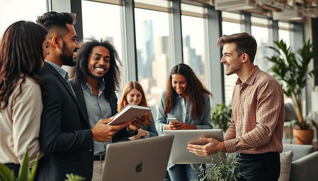 A diverse group of young adults aged 21-28 years, engaged in a dynamic brainstorming session in a modern urban workspace. In the foreground, two professionals are animatedly discussing ideas, one gesturing with a notebook, dressed in smart casual attire, exuding enthusiasm. In the middle ground, a third individual is working on a laptop, focused and inspired. The background features large windows letting in natural light, showcasing a vibrant city skyline. The mood is filled with energy and collaboration, illuminated by warm, soft lighting. The angle is slightly elevated, capturing the essence of teamwork and ambition, with a blend of contemporary design elements such as plants and tech gadgets around them, reflecting a productive environment.