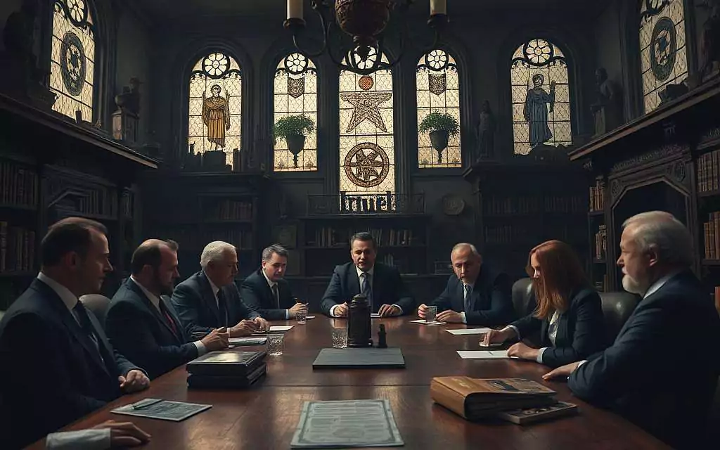 A dramatic and atmospheric scene depicting the Thule-Gesellschaft, showcasing a secretive meeting of influential members in a dimly lit, ornate room filled with esoteric symbols and ancient artifacts. In the foreground, a diverse group of men and women, dressed in professional business attire, gather around a large, gothic wooden table, deep in discussion. The middle layer features shelves lined with books and occult items, casting shadows against the walls. In the background, stained glass windows filter in muted light, adding an air of mystery and intrigue. The camera angle is slightly elevated, capturing the intensity of their expressions and the significance of their gathering. The overall mood is one of secrecy and power, inviting curiosity about their ideologies and historical influences. A dramatic and atmospheric scene depicting the Thule-Gesellschaft, showcasing a secretive meeting of influential members in a dimly lit, ornate room filled with esoteric symbols and ancient artifacts. In the foreground, a diverse group of men and women, dressed in professional business attire, gather around a large, gothic wooden table, deep in discussion. The middle layer features shelves lined with books and occult items, casting shadows against the walls. In the background, stained glass windows filter in muted light, adding an air of mystery and intrigue. The camera angle is slightly elevated, capturing the intensity of their expressions and the significance of their gathering. The overall mood is one of secrecy and power, inviting curiosity about their ideologies and historical influences.