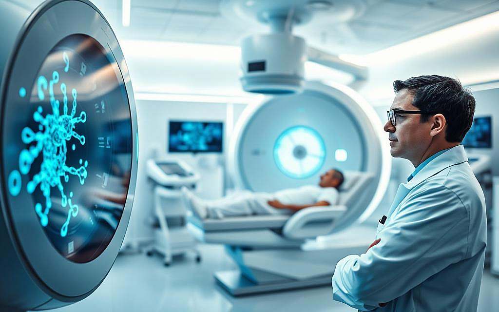 A dynamic and informative scene showcasing advanced nuclear medicine therapy approaches in cancer treatment. In the foreground, a focused medical professional, dressed in a white lab coat and safety glasses, examines a high-tech diagnostic machine displaying vibrant, glowing images of molecular structures. In the middle ground, a patient reclines comfortably in a sleek treatment chair, surrounded by advanced imaging equipment and radiation therapy devices, reflecting innovation. The background features a modern, sterile laboratory with soft ambient lighting, emphasizing a sense of hope and breakthrough. The atmosphere should convey professionalism and optimism, with a color palette of cool blues and whites to instill a feeling of cleanliness and cutting-edge technology. A dynamic and informative scene showcasing advanced nuclear medicine therapy approaches in cancer treatment. In the foreground, a focused medical professional, dressed in a white lab coat and safety glasses, examines a high-tech diagnostic machine displaying vibrant, glowing images of molecular structures. In the middle ground, a patient reclines comfortably in a sleek treatment chair, surrounded by advanced imaging equipment and radiation therapy devices, reflecting innovation. The background features a modern, sterile laboratory with soft ambient lighting, emphasizing a sense of hope and breakthrough. The atmosphere should convey professionalism and optimism, with a color palette of cool blues and whites to instill a feeling of cleanliness and cutting-edge technology.