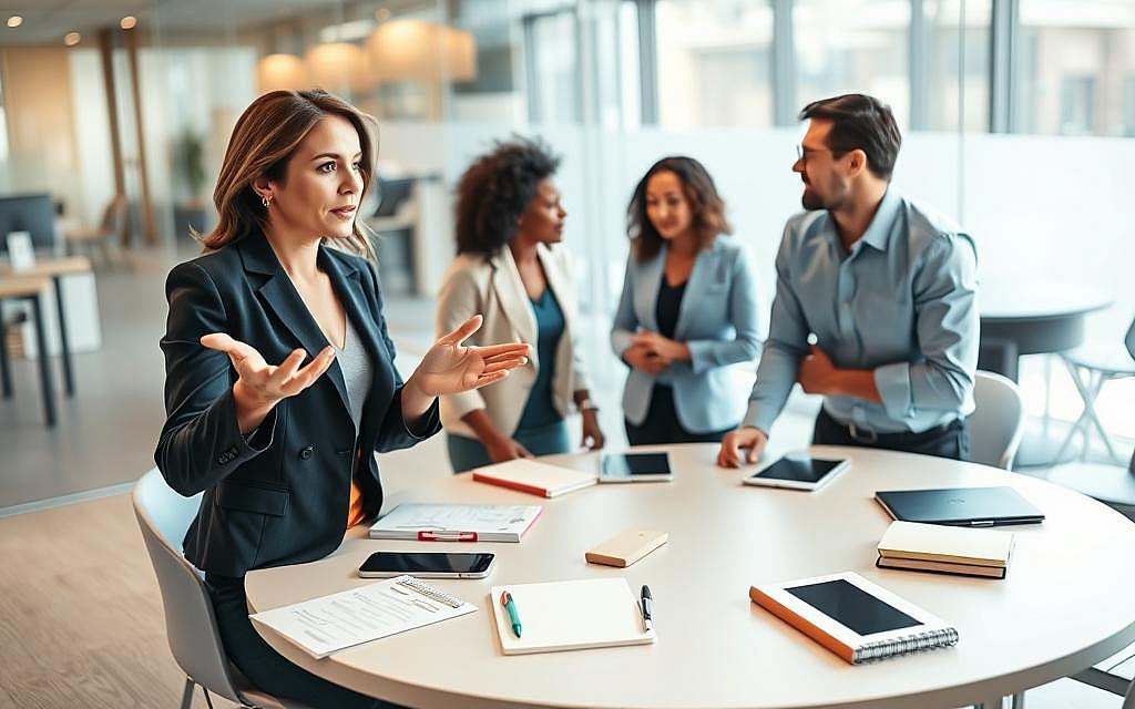 A dynamic business meeting scene focusing on the Kleber-Technik, showcasing a diverse group of professionals engaged in a collaborative discussion. In the foreground, a confident woman in a smart blazer makes a compelling point, while a thoughtful man in a crisp shirt nods in agreement, illustrating the concept of commitment. In the middle ground, a round table scattered with notebooks and digital devices, emphasizing teamwork and ideation. The background features a modern office setting with glass walls and soft, natural light pouring in, contributing to a positive atmosphere. The camera angle is slightly elevated, capturing the entire scene with depth of field. The mood is inspiring and motivated, highlighting the importance of consistency in professional relationships. A dynamic business meeting scene focusing on the Kleber-Technik, showcasing a diverse group of professionals engaged in a collaborative discussion. In the foreground, a confident woman in a smart blazer makes a compelling point, while a thoughtful man in a crisp shirt nods in agreement, illustrating the concept of commitment. In the middle ground, a round table scattered with notebooks and digital devices, emphasizing teamwork and ideation. The background features a modern office setting with glass walls and soft, natural light pouring in, contributing to a positive atmosphere. The camera angle is slightly elevated, capturing the entire scene with depth of field. The mood is inspiring and motivated, highlighting the importance of consistency in professional relationships.