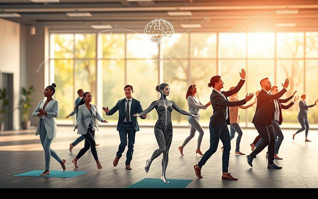 A dynamic illustration showcasing the concept of proprioception and the vestibular sense in a human context. In the foreground, depict a diverse group of individuals, wearing professional attire, engaging in various activities that highlight balance and spatial awareness, such as yoga, dance, or physical therapy exercises. In the middle ground, visualize abstract representations of sensory pathways, with flowing lines connecting the brain to the body, symbolizing proprioceptive feedback and vestibular signals. The background should feature a softly blurred environment, such as a gym or open park, infused with warm sunlight filtering through trees, creating an uplifting and serene atmosphere. Use a slightly elevated angle to capture the entire scene, enhancing the sense of movement and coordination among the subjects. Aim for a harmonious color palette that evokes calmness and focus. A dynamic illustration showcasing the concept of proprioception and the vestibular sense in a human context. In the foreground, depict a diverse group of individuals, wearing professional attire, engaging in various activities that highlight balance and spatial awareness, such as yoga, dance, or physical therapy exercises. In the middle ground, visualize abstract representations of sensory pathways, with flowing lines connecting the brain to the body, symbolizing proprioceptive feedback and vestibular signals. The background should feature a softly blurred environment, such as a gym or open park, infused with warm sunlight filtering through trees, creating an uplifting and serene atmosphere. Use a slightly elevated angle to capture the entire scene, enhancing the sense of movement and coordination among the subjects. Aim for a harmonious color palette that evokes calmness and focus.