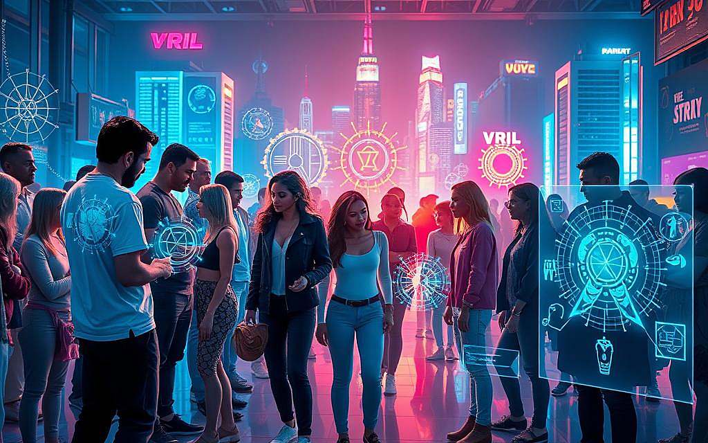 A dynamic scene depicting Vril's influence in modern pop culture. In the foreground, a diverse group of people, dressed in stylish, contemporary fashion, engage with holographic displays showcasing symbols and themes of Vril energy. In the middle, popular culture icons like comic book superheroes and sci-fi elements blend seamlessly, with vibrant colors and intricate designs highlighting their connection to Vril. The background features a futuristic cityscape illuminated by neon lights, creating a sense of wonder and mystery. The atmosphere is energetic and inspiring, with dramatic lighting casting soft shadows, suggesting an otherworldly glow. Capture from a slightly elevated angle to emphasize the depth and complexity of the scene, inviting viewers into this imaginative interpretation of Vril's impact on today's culture. A dynamic scene depicting Vril's influence in modern pop culture. In the foreground, a diverse group of people, dressed in stylish, contemporary fashion, engage with holographic displays showcasing symbols and themes of Vril energy. In the middle, popular culture icons like comic book superheroes and sci-fi elements blend seamlessly, with vibrant colors and intricate designs highlighting their connection to Vril. The background features a futuristic cityscape illuminated by neon lights, creating a sense of wonder and mystery. The atmosphere is energetic and inspiring, with dramatic lighting casting soft shadows, suggesting an otherworldly glow. Capture from a slightly elevated angle to emphasize the depth and complexity of the scene, inviting viewers into this imaginative interpretation of Vril's impact on today's culture.