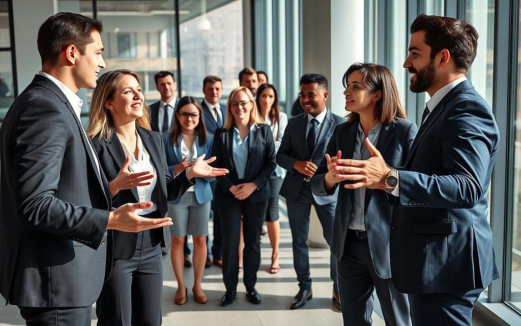 A dynamic scene showcasing effective body language in a professional setting. In the foreground, two business professionals engage in a conversation, wearing smart business attire, displaying open gestures and confident poses. The woman is smiling, her arms open, while the man leans slightly forward, maintaining eye contact to suggest engagement. In the middle ground, a diverse group of colleagues attentively watches, reflecting a supportive atmosphere with nodding heads and attentive postures. The background features a modern office with large windows allowing natural light to flood in, casting soft shadows that add depth to the scene. The lighting is bright and welcoming, enhancing the positive, engaging mood of effective communication. The angle is slightly above eye-level for a more interesting perspective. A dynamic scene showcasing effective body language in a professional setting. In the foreground, two business professionals engage in a conversation, wearing smart business attire, displaying open gestures and confident poses. The woman is smiling, her arms open, while the man leans slightly forward, maintaining eye contact to suggest engagement. In the middle ground, a diverse group of colleagues attentively watches, reflecting a supportive atmosphere with nodding heads and attentive postures. The background features a modern office with large windows allowing natural light to flood in, casting soft shadows that add depth to the scene. The lighting is bright and welcoming, enhancing the positive, engaging mood of effective communication. The angle is slightly above eye-level for a more interesting perspective.