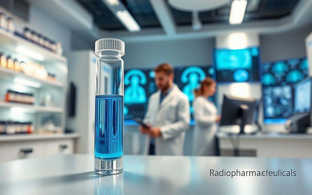 A futuristic laboratory environment showcasing radiopharmaceuticals in action. In the foreground, a sleek glass vial filled with a vibrant blue radiopharmaceutical solution is prominently displayed, glistening under bright, clinical lighting. In the middle ground, scientists in professional lab coats, focused and collaborating, are seen analyzing data on high-tech screens, surrounded by advanced imaging equipment. The background features shelves lined with various medical vials and devices, all in a sterile, white environment, evoking a sense of innovation and precision in nuclear medicine. Soft, ambient lighting enhances the atmosphere, creating a sense of optimism and advancement, while the overall composition captures the essence of cutting-edge diagnostics in the field of radiopharmaceuticals. A futuristic laboratory environment showcasing radiopharmaceuticals in action. In the foreground, a sleek glass vial filled with a vibrant blue radiopharmaceutical solution is prominently displayed, glistening under bright, clinical lighting. In the middle ground, scientists in professional lab coats, focused and collaborating, are seen analyzing data on high-tech screens, surrounded by advanced imaging equipment. The background features shelves lined with various medical vials and devices, all in a sterile, white environment, evoking a sense of innovation and precision in nuclear medicine. Soft, ambient lighting enhances the atmosphere, creating a sense of optimism and advancement, while the overall composition captures the essence of cutting-edge diagnostics in the field of radiopharmaceuticals.
