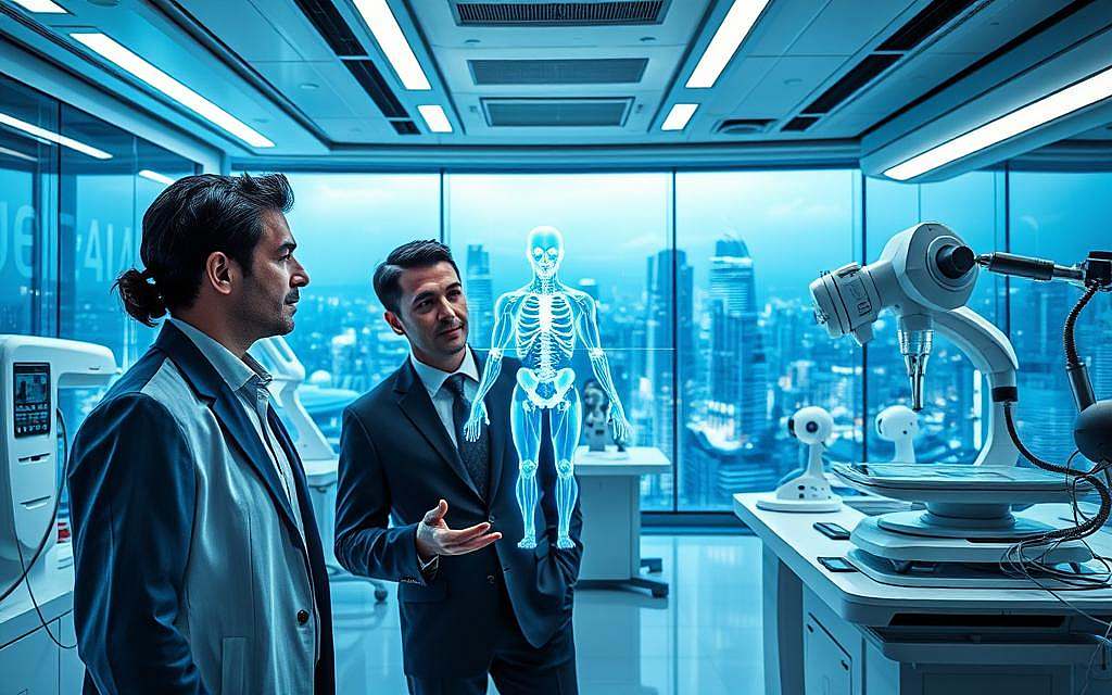 A futuristic medical laboratory filled with advanced technology and innovative devices. In the foreground, two diverse scientists in professional business attire are examining a holographic display of human anatomy, their faces illuminated by the soft glow of the screen. The middle ground features sleek, high-tech equipment, including robotic surgical tools and interactive consoles, symbolizing the evolution of medicine. The background showcases a large transparent wall with a view of a vibrant cityscape, blending nature and technology, promoting a harmonious future. The lighting is bright yet calming, with cool blue and white hues creating a clean, sterile atmosphere. The mood conveys optimism and progress, reflecting the advancements in healthcare driven by the lessons from the past. A futuristic medical laboratory filled with advanced technology and innovative devices. In the foreground, two diverse scientists in professional business attire are examining a holographic display of human anatomy, their faces illuminated by the soft glow of the screen. The middle ground features sleek, high-tech equipment, including robotic surgical tools and interactive consoles, symbolizing the evolution of medicine. The background showcases a large transparent wall with a view of a vibrant cityscape, blending nature and technology, promoting a harmonious future. The lighting is bright yet calming, with cool blue and white hues creating a clean, sterile atmosphere. The mood conveys optimism and progress, reflecting the advancements in healthcare driven by the lessons from the past.