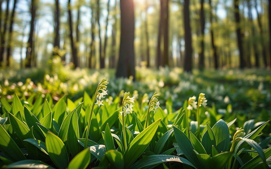 A lush forest scene in early spring, showcasing a vibrant patch of wild garlic, known as "Bärlauch". In the foreground, rich green leaves with delicate white star-like flowers, glistening with morning dew. The middle ground features tall, slender trees with budding leaves, filtering gentle sunlight that casts a warm, inviting glow over the scene. In the background, a soft blur of dappled sunlight illuminating the forest floor, creating a serene and magical atmosphere. The image should evoke the essence of rejuvenation and the earthy aroma associated with the herb's fragrance. Use a slightly angled shot to capture depth, with a focus on the foreground plants. Natural, soft lighting to enhance the freshness and vibrancy of the Bärlauch. A lush forest scene in early spring, showcasing a vibrant patch of wild garlic, known as "Bärlauch". In the foreground, rich green leaves with delicate white star-like flowers, glistening with morning dew. The middle ground features tall, slender trees with budding leaves, filtering gentle sunlight that casts a warm, inviting glow over the scene. In the background, a soft blur of dappled sunlight illuminating the forest floor, creating a serene and magical atmosphere. The image should evoke the essence of rejuvenation and the earthy aroma associated with the herb's fragrance. Use a slightly angled shot to capture depth, with a focus on the foreground plants. Natural, soft lighting to enhance the freshness and vibrancy of the Bärlauch.