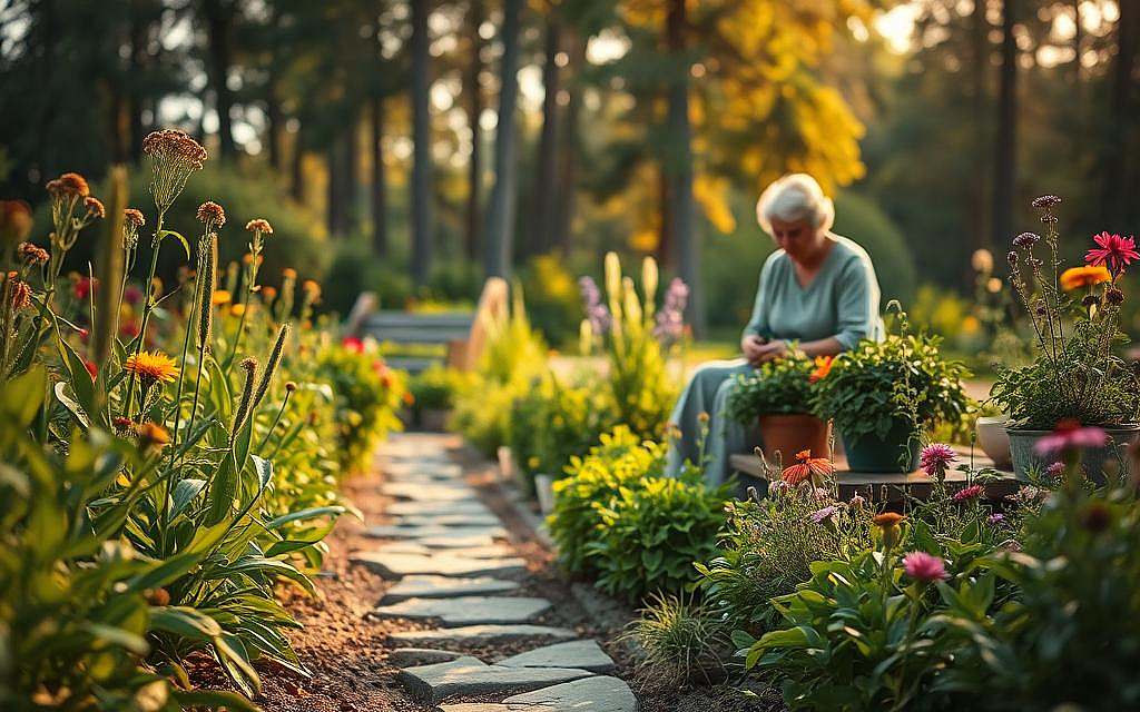 A lush garden scene that embodies the essence of nature's healing herbs and the joy of gardening. In the foreground, vibrant green plants and colorful wildflowers bloom, showcasing various textures and shapes. A faint path made of natural stones weaves through the flora, leading the eye towards a cozy wooden bench nestled among the greenery. In the middle ground, a knowledgeable older woman in modest casual clothing is gently tending to herbs, embodying the connection to traditional gardening practices. The background features a soft-focus view of tall trees and dappled sunlight filtering through their leaves, creating a serene and inviting atmosphere. The golden hour lighting adds warmth and enhances the rich colors, capturing the tranquil essence of a garden as a bridge to nature and self-efficacy. A lush garden scene that embodies the essence of nature's healing herbs and the joy of gardening. In the foreground, vibrant green plants and colorful wildflowers bloom, showcasing various textures and shapes. A faint path made of natural stones weaves through the flora, leading the eye towards a cozy wooden bench nestled among the greenery. In the middle ground, a knowledgeable older woman in modest casual clothing is gently tending to herbs, embodying the connection to traditional gardening practices. The background features a soft-focus view of tall trees and dappled sunlight filtering through their leaves, creating a serene and inviting atmosphere. The golden hour lighting adds warmth and enhances the rich colors, capturing the tranquil essence of a garden as a bridge to nature and self-efficacy.