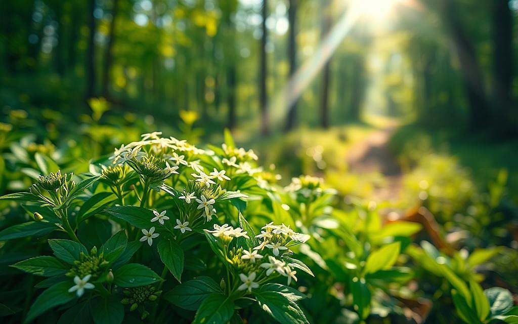 A lush green forest scene featuring a close-up of Waldmeister (Galium odoratum), showcasing its delicate, star-shaped white flowers and vibrant green leaves. In the foreground, focus on a cluster of Waldmeister plants, glistening with morning dew, highlighting their intricate textures and colors. In the middle ground, soft beams of sunlight filter through the trees, illuminating the dense foliage and creating a serene ambiance. The background features subtle hints of a forest path leading deeper into the woods, evoking a sense of exploration. The overall mood is tranquil and refreshing, capturing the essence of nature's perfume. The image should be bright and inviting, with a shallow depth of field to emphasize the Waldmeister in the foreground, creating a picturesque and enchanting atmosphere. A lush green forest scene featuring a close-up of Waldmeister (Galium odoratum), showcasing its delicate, star-shaped white flowers and vibrant green leaves. In the foreground, focus on a cluster of Waldmeister plants, glistening with morning dew, highlighting their intricate textures and colors. In the middle ground, soft beams of sunlight filter through the trees, illuminating the dense foliage and creating a serene ambiance. The background features subtle hints of a forest path leading deeper into the woods, evoking a sense of exploration. The overall mood is tranquil and refreshing, capturing the essence of nature's perfume. The image should be bright and inviting, with a shallow depth of field to emphasize the Waldmeister in the foreground, creating a picturesque and enchanting atmosphere.