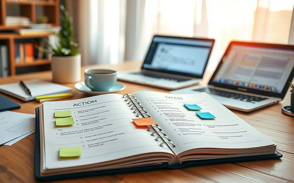 A meticulously organized workspace featuring a detailed action plan for daily implementation of psychological techniques. In the foreground, a wooden desk with a planner open to a page filled with bullet points and colorful sticky notes, emphasizing practical steps. In the middle ground, a potted plant and a steaming coffee cup add warmth, while a laptop displays an email draft. The background showcases a sunny window with sheer curtains, allowing soft natural light to illuminate the scene, creating an inviting atmosphere. The color palette includes calming blues and greens to convey focus and motivation. The image reflects a professional environment with an air of productivity, inviting viewers to feel inspired and ready to take action. A meticulously organized workspace featuring a detailed action plan for daily implementation of psychological techniques. In the foreground, a wooden desk with a planner open to a page filled with bullet points and colorful sticky notes, emphasizing practical steps. In the middle ground, a potted plant and a steaming coffee cup add warmth, while a laptop displays an email draft. The background showcases a sunny window with sheer curtains, allowing soft natural light to illuminate the scene, creating an inviting atmosphere. The color palette includes calming blues and greens to convey focus and motivation. The image reflects a professional environment with an air of productivity, inviting viewers to feel inspired and ready to take action.