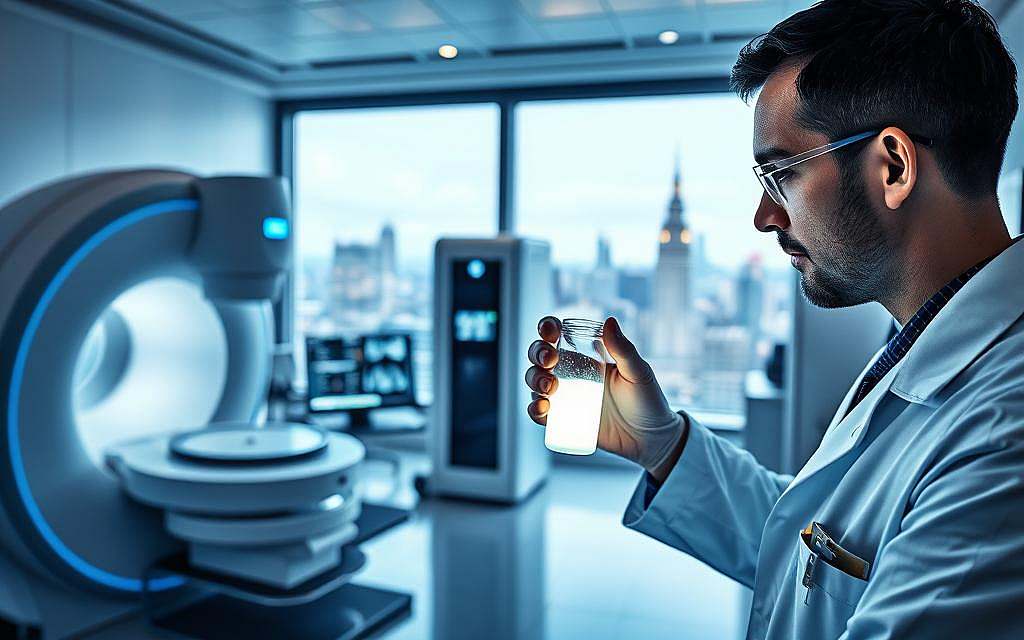 A modern laboratory scene illustrating Theranostik in action, showcasing advanced diagnostic and therapeutic equipment. In the foreground, a scientist in a professional lab coat examines a glowing vial filled with a radioactive substance, demonstrating precision and focus. The middle ground features intricate imaging machines and computer screens displaying patient data and scan results, emitting a soft blue light. In the background, a large window reveals a vibrant cityscape, symbolizing the future of personalized medicine. The atmosphere is sleek and innovative, with bright, clinical lighting accentuating the high-tech environment. Use a wide-angle lens to capture the depth of the lab, highlighting the convergence of technology and healthcare. The overall mood is one of hope and advancement in nuclear medicine. A modern laboratory scene illustrating Theranostik in action, showcasing advanced diagnostic and therapeutic equipment. In the foreground, a scientist in a professional lab coat examines a glowing vial filled with a radioactive substance, demonstrating precision and focus. The middle ground features intricate imaging machines and computer screens displaying patient data and scan results, emitting a soft blue light. In the background, a large window reveals a vibrant cityscape, symbolizing the future of personalized medicine. The atmosphere is sleek and innovative, with bright, clinical lighting accentuating the high-tech environment. Use a wide-angle lens to capture the depth of the lab, highlighting the convergence of technology and healthcare. The overall mood is one of hope and advancement in nuclear medicine.