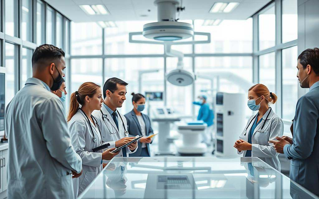 A modern medical environment showcasing a busy hospital scene. In the foreground, a diverse group of healthcare professionals in business attire, including doctors and nurses, collaborate around a digital display, analyzing patient data. In the middle ground, a state-of-the-art operating room with advanced medical equipment is visible, highlighting the technological advancements in modern medicine. The background features large windows allowing natural light to flood the space, creating a bright and optimistic atmosphere. The overall mood is one of urgency and teamwork, emphasizing both the achievements and challenges faced in contemporary healthcare. The composition should convey a sense of innovation and critical reflection on the successes and shortcomings of modern medicine. A modern medical environment showcasing a busy hospital scene. In the foreground, a diverse group of healthcare professionals in business attire, including doctors and nurses, collaborate around a digital display, analyzing patient data. In the middle ground, a state-of-the-art operating room with advanced medical equipment is visible, highlighting the technological advancements in modern medicine. The background features large windows allowing natural light to flood the space, creating a bright and optimistic atmosphere. The overall mood is one of urgency and teamwork, emphasizing both the achievements and challenges faced in contemporary healthcare. The composition should convey a sense of innovation and critical reflection on the successes and shortcomings of modern medicine.