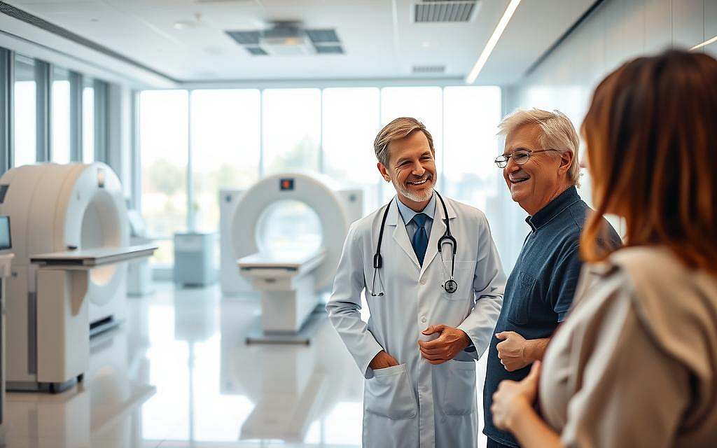 A modern medical facility focused on nuclear medicine, showcasing advanced technologies and patient-centric care. In the foreground, a healthcare professional in a lab coat interacts with a patient, both appearing engaged and reassured. In the middle ground, high-tech imaging equipment such as PET and SPECT scanners is prominently displayed, highlighting the centralization of nuclear medicine. The background features a sleek, well-lit open-plan space with large windows, casting soft natural light, enhancing a sense of hope and innovation. The overall atmosphere is one of professionalism and collaboration, suggesting a future of integrated healthcare solutions. The scene is captured from a slightly elevated angle to emphasize the depth of the facility and the interaction between staff and patients. A modern medical facility focused on nuclear medicine, showcasing advanced technologies and patient-centric care. In the foreground, a healthcare professional in a lab coat interacts with a patient, both appearing engaged and reassured. In the middle ground, high-tech imaging equipment such as PET and SPECT scanners is prominently displayed, highlighting the centralization of nuclear medicine. The background features a sleek, well-lit open-plan space with large windows, casting soft natural light, enhancing a sense of hope and innovation. The overall atmosphere is one of professionalism and collaboration, suggesting a future of integrated healthcare solutions. The scene is captured from a slightly elevated angle to emphasize the depth of the facility and the interaction between staff and patients.