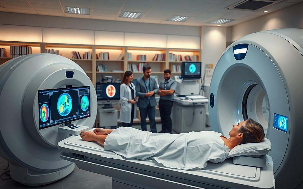 A modern nuclear medicine laboratory showcasing advanced imaging techniques, specifically PET and SPECT. In the foreground, a high-tech PET scanner with a patient lying on the examination table, wearing a hospital gown. The medical team, dressed in professional attire, observes the scanning process on a digital monitor displaying colorful imaging results. In the middle background, various medical imaging equipment like gamma cameras and PET/CT machines are visible, illuminated by soft, clinical lighting. The background features shelves filled with medical books and research papers, enhancing the atmosphere of innovation and professionalism. The overall mood is one of exploration and advancement in nuclear medicine, suggesting a bright future in diagnostics and patient care. A modern nuclear medicine laboratory showcasing advanced imaging techniques, specifically PET and SPECT. In the foreground, a high-tech PET scanner with a patient lying on the examination table, wearing a hospital gown. The medical team, dressed in professional attire, observes the scanning process on a digital monitor displaying colorful imaging results. In the middle background, various medical imaging equipment like gamma cameras and PET/CT machines are visible, illuminated by soft, clinical lighting. The background features shelves filled with medical books and research papers, enhancing the atmosphere of innovation and professionalism. The overall mood is one of exploration and advancement in nuclear medicine, suggesting a bright future in diagnostics and patient care.