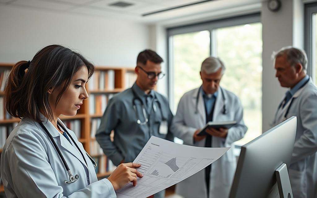 A modern, well-equipped medical clinic interior showcasing a diverse group of healthcare professionals engaged in a collaborative discussion around medical charts and digital screens. Foreground: a focused, middle-aged female doctor in professional attire, contemplating a chart; middle: a group of diverse medical staff including a young male nurse and an older male physician analyzing data together; background: shelves filled with medical journals and textbooks, large windows bringing in natural light, creating an inviting atmosphere. Use soft, diffused lighting to emphasize the intellectual environment and professionalism. The mood should be serious yet collaborative, highlighting the long-lasting impact of formal medical education on contemporary healthcare. Capture the image with a slight depth of field to accentuate the professionals in the foreground while softly blurring the background elements. A modern, well-equipped medical clinic interior showcasing a diverse group of healthcare professionals engaged in a collaborative discussion around medical charts and digital screens. Foreground: a focused, middle-aged female doctor in professional attire, contemplating a chart; middle: a group of diverse medical staff including a young male nurse and an older male physician analyzing data together; background: shelves filled with medical journals and textbooks, large windows bringing in natural light, creating an inviting atmosphere. Use soft, diffused lighting to emphasize the intellectual environment and professionalism. The mood should be serious yet collaborative, highlighting the long-lasting impact of formal medical education on contemporary healthcare. Capture the image with a slight depth of field to accentuate the professionals in the foreground while softly blurring the background elements.