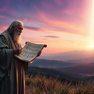 A mystical and ancient setting inspired by the themes of the "Brief Henochs ethische Weisungen." In the foreground, depict a wise, elderly figure, dressed in modest, flowing robes, holding a scroll filled with ethereal symbols of ethical guidance. In the middle ground, show an open, lush landscape with faint outlines of hills, symbolizing the journey of moral understanding. The background features a celestial sky at dusk, filled with vibrant hues of purple and gold, illuminating the scene with a divine glow. Soft, radiant light cascades from above, creating a serene atmosphere that evokes contemplation and reverence. The composition should have a gentle focus, allowing the viewer to feel the weight of wisdom and prophetic admonition in the air.