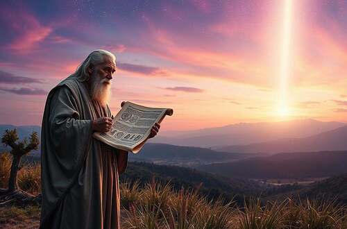 A mystical and ancient setting inspired by the themes of the "Brief Henochs ethische Weisungen." In the foreground, depict a wise, elderly figure, dressed in modest, flowing robes, holding a scroll filled with ethereal symbols of ethical guidance. In the middle ground, show an open, lush landscape with faint outlines of hills, symbolizing the journey of moral understanding. The background features a celestial sky at dusk, filled with vibrant hues of purple and gold, illuminating the scene with a divine glow. Soft, radiant light cascades from above, creating a serene atmosphere that evokes contemplation and reverence. The composition should have a gentle focus, allowing the viewer to feel the weight of wisdom and prophetic admonition in the air.