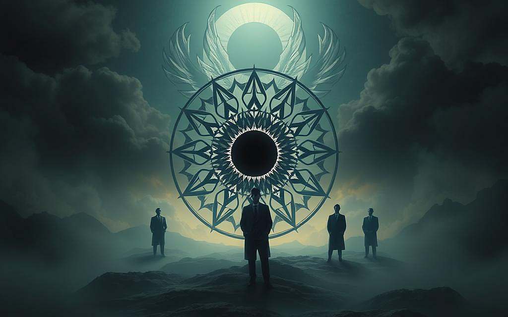 A mystical and ethereal representation of the "Schwarze Sonne" symbol, emanating a sense of ancient power and mystery. In the foreground, intricate geometric patterns intertwine, reflecting the Vril energy with a shimmering black sun as the focal point. The middle ground features shadowy, mystical figures in professional attire, their expressions contemplative, suggesting a connection to hidden wisdom. In the background, a surreal landscape of dark, swirling clouds and abstract shapes creates an otherworldly atmosphere, illuminated by a soft, ambient light that casts an eerie glow on the scene. The overall mood is enigmatic and thought-provoking, inviting the viewer into a deeper exploration of the mystical symbols and their meanings. A mystical and ethereal representation of the "Schwarze Sonne" symbol, emanating a sense of ancient power and mystery. In the foreground, intricate geometric patterns intertwine, reflecting the Vril energy with a shimmering black sun as the focal point. The middle ground features shadowy, mystical figures in professional attire, their expressions contemplative, suggesting a connection to hidden wisdom. In the background, a surreal landscape of dark, swirling clouds and abstract shapes creates an otherworldly atmosphere, illuminated by a soft, ambient light that casts an eerie glow on the scene. The overall mood is enigmatic and thought-provoking, inviting the viewer into a deeper exploration of the mystical symbols and their meanings.