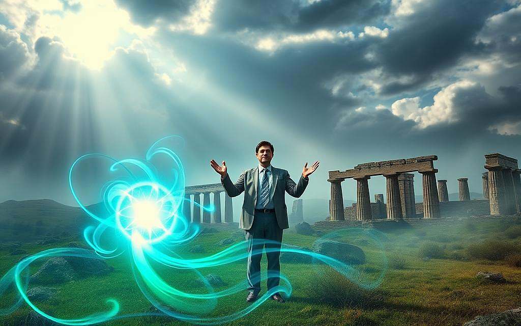 A mystical landscape illustrating the concept of Vril energy. In the foreground, a glowing orb of energy radiates vibrant blue and green hues, surrounded by swirling ethereal patterns that suggest movement and power. In the middle ground, a wise figure in modest, professional attire stands with hands raised, channeling this energy. Their expression is focused and serene, representing a deep connection to the universal force. In the background, ancient ruins are partially shrouded in mist, illuminated by soft, dappled sunlight filtering through dark, swirling clouds overhead, creating a dramatic contrast. The atmosphere is charged with an air of mystery and discovery, inviting viewers to explore the hidden influences of Vril energy on history. The scene is captured with a wide-angle lens, enhancing the sense of depth and grandeur. A mystical landscape illustrating the concept of Vril energy. In the foreground, a glowing orb of energy radiates vibrant blue and green hues, surrounded by swirling ethereal patterns that suggest movement and power. In the middle ground, a wise figure in modest, professional attire stands with hands raised, channeling this energy. Their expression is focused and serene, representing a deep connection to the universal force. In the background, ancient ruins are partially shrouded in mist, illuminated by soft, dappled sunlight filtering through dark, swirling clouds overhead, creating a dramatic contrast. The atmosphere is charged with an air of mystery and discovery, inviting viewers to explore the hidden influences of Vril energy on history. The scene is captured with a wide-angle lens, enhancing the sense of depth and grandeur.