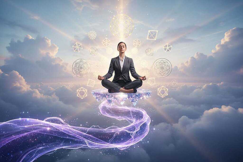 A mystical scene depicting the concept of "Äther" in esotericism, with a luminous, swirling etheric energy in the foreground, shimmering in shades of violet and blue. In the middle ground, a serene figure in professional attire meditates, surrounded by floating geometric symbols and intricate mandalas that signify spiritual wisdom. The background features a dreamlike landscape with soft, ethereal clouds and hints of golden light filtering through, creating an uplifting atmosphere. Use soft, diffused lighting to enhance the otherworldly feel, capturing a sense of peace and introspection. The angle should be slightly low, providing a divine perspective on the interaction between the figure and the ethereal energy, inviting viewers into a journey of philosophical contemplation.