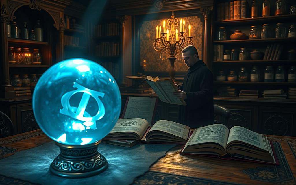 A mystical scene depicting the concept of Vril and occult science, featuring an ornate wooden table laden with ancient books and intricate alchemical symbols. In the foreground, a crystal orb emits a soft blue glow, casting ethereal light. The middle ground showcases a robed figure, a scholar in modest clothing, deeply engrossed in studying a scroll filled with esoteric diagrams. In the background, dimly lit shelves are packed with arcane texts and jars containing mysterious substances, creating an atmosphere of secret knowledge. The lighting is moody and ambient, with shadows dancing across the walls, adding a sense of depth. The overall mood is enchanting, with hints of wonder and mystery, inviting viewers into the world of esotericism and mystical forces. A mystical scene depicting the concept of Vril and occult science, featuring an ornate wooden table laden with ancient books and intricate alchemical symbols. In the foreground, a crystal orb emits a soft blue glow, casting ethereal light. The middle ground showcases a robed figure, a scholar in modest clothing, deeply engrossed in studying a scroll filled with esoteric diagrams. In the background, dimly lit shelves are packed with arcane texts and jars containing mysterious substances, creating an atmosphere of secret knowledge. The lighting is moody and ambient, with shadows dancing across the walls, adding a sense of depth. The overall mood is enchanting, with hints of wonder and mystery, inviting viewers into the world of esotericism and mystical forces.