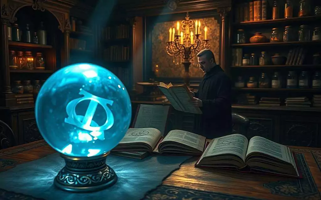 A mystical scene depicting the concept of Vril and occult science, featuring an ornate wooden table laden with ancient books and intricate alchemical symbols. In the foreground, a crystal orb emits a soft blue glow, casting ethereal light. The middle ground showcases a robed figure, a scholar in modest clothing, deeply engrossed in studying a scroll filled with esoteric diagrams. In the background, dimly lit shelves are packed with arcane texts and jars containing mysterious substances, creating an atmosphere of secret knowledge. The lighting is moody and ambient, with shadows dancing across the walls, adding a sense of depth. The overall mood is enchanting, with hints of wonder and mystery, inviting viewers into the world of esotericism and mystical forces. A mystical scene depicting the concept of Vril and occult science, featuring an ornate wooden table laden with ancient books and intricate alchemical symbols. In the foreground, a crystal orb emits a soft blue glow, casting ethereal light. The middle ground showcases a robed figure, a scholar in modest clothing, deeply engrossed in studying a scroll filled with esoteric diagrams. In the background, dimly lit shelves are packed with arcane texts and jars containing mysterious substances, creating an atmosphere of secret knowledge. The lighting is moody and ambient, with shadows dancing across the walls, adding a sense of depth. The overall mood is enchanting, with hints of wonder and mystery, inviting viewers into the world of esotericism and mystical forces.