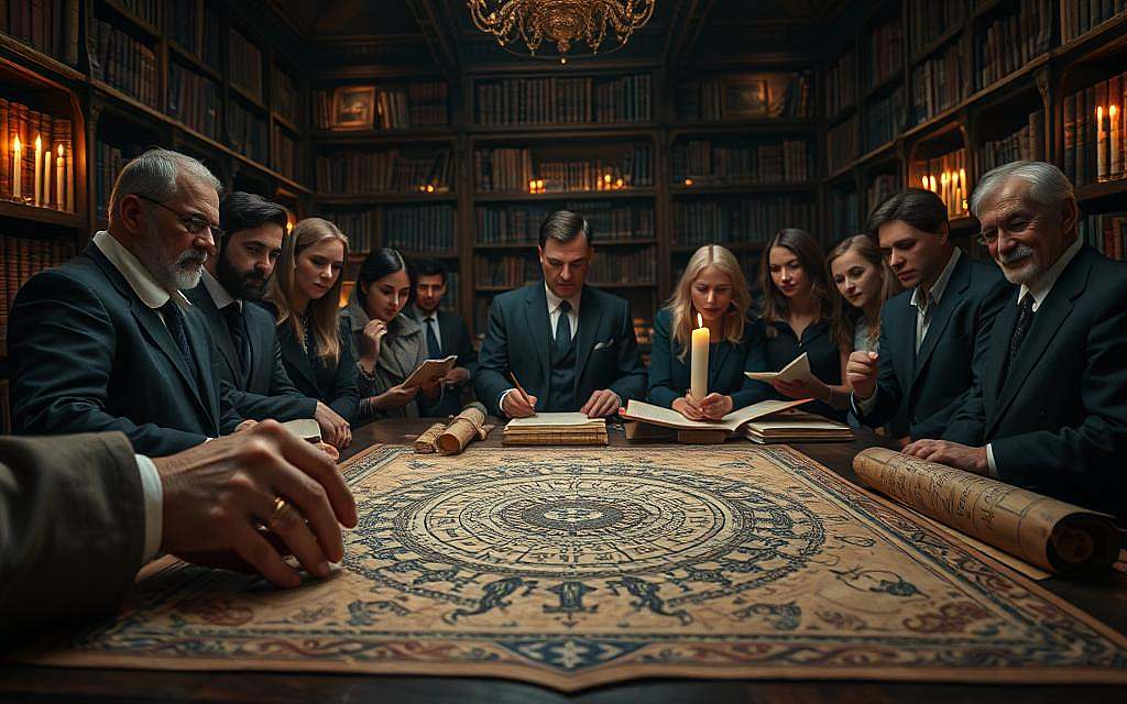 A mystical scene featuring a diverse group of scholars gathered around an ancient table, studying an ornate, illuminated manuscript filled with symbols of the Vril energy. In the foreground, a close-up of hands tracing the intricate designs, while scrolls and aged texts lie scattered. In the middle ground, the scholars, dressed in professional business attire, exhibit a sense of intrigue and contemplation. The background features a dimly lit library with towering bookshelves and flickering candles casting warm, golden light that creates a dramatic atmosphere. The overall mood is one of mystery and intellectual pursuit, evoking the search for hidden truths within the Vril theories. The image should be captured with a soft focus lens to give a slightly ethereal quality. A mystical scene featuring a diverse group of scholars gathered around an ancient table, studying an ornate, illuminated manuscript filled with symbols of the Vril energy. In the foreground, a close-up of hands tracing the intricate designs, while scrolls and aged texts lie scattered. In the middle ground, the scholars, dressed in professional business attire, exhibit a sense of intrigue and contemplation. The background features a dimly lit library with towering bookshelves and flickering candles casting warm, golden light that creates a dramatic atmosphere. The overall mood is one of mystery and intellectual pursuit, evoking the search for hidden truths within the Vril theories. The image should be captured with a soft focus lens to give a slightly ethereal quality.