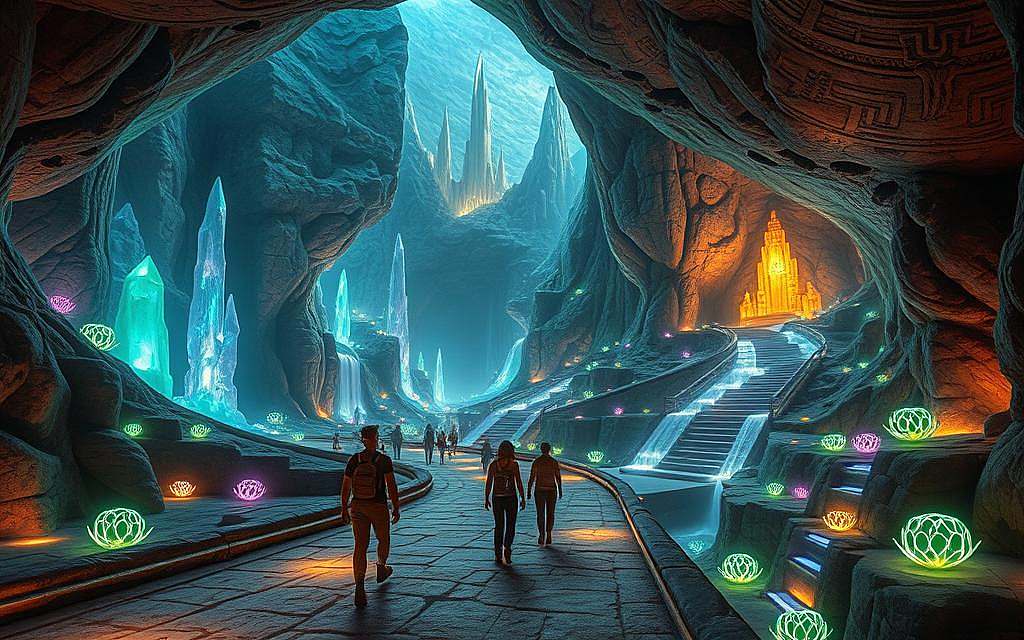 A mystical underground civilization set in Agartha, showcasing an expansive cavern illuminated by phosphorescent flora. In the foreground, a group of explorers dressed in modest casual clothing navigates through intricate stone pathways adorned with ancient symbols. The middle ground features stunning crystal formations and cascading waterfalls, their iridescent colors reflecting off the smooth cave walls. In the background, majestic, towering structures made of luminescent materials rise up, hinting at advanced architecture reminiscent of lost civilizations. The scene is bathed in ethereal light, creating a magical atmosphere filled with wonder and discovery, as soft glows emit from both the flora and the civilization’s structures, enhancing the sense of mystery and awe. The perspective is slightly elevated, capturing the vastness and depth of this hidden world. A mystical underground civilization set in Agartha, showcasing an expansive cavern illuminated by phosphorescent flora. In the foreground, a group of explorers dressed in modest casual clothing navigates through intricate stone pathways adorned with ancient symbols. The middle ground features stunning crystal formations and cascading waterfalls, their iridescent colors reflecting off the smooth cave walls. In the background, majestic, towering structures made of luminescent materials rise up, hinting at advanced architecture reminiscent of lost civilizations. The scene is bathed in ethereal light, creating a magical atmosphere filled with wonder and discovery, as soft glows emit from both the flora and the civilization’s structures, enhancing the sense of mystery and awe. The perspective is slightly elevated, capturing the vastness and depth of this hidden world.