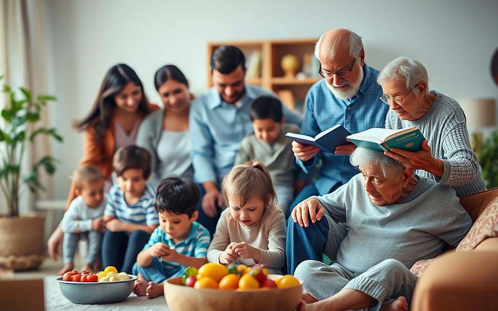 A nurturing family scene depicting various stages of life, symbolizing psychosocial development across generations. In the foreground, a diverse family—parents in professional attire, children playing, and an elderly grandparent reading—shows warmth and connection. In the middle ground, engage scenes of family activities, such as cooking together or sharing stories, illustrating emotional support and bonding. The background features a cozy home environment, with soft lighting that conveys comfort and safety. Use a slightly blurred effect to create depth, focusing on the family's interactions. The overall mood is vibrant and uplifting, reflecting the importance of family as a foundation for psychosocial development. A nurturing family scene depicting various stages of life, symbolizing psychosocial development across generations. In the foreground, a diverse family—parents in professional attire, children playing, and an elderly grandparent reading—shows warmth and connection. In the middle ground, engage scenes of family activities, such as cooking together or sharing stories, illustrating emotional support and bonding. The background features a cozy home environment, with soft lighting that conveys comfort and safety. Use a slightly blurred effect to create depth, focusing on the family's interactions. The overall mood is vibrant and uplifting, reflecting the importance of family as a foundation for psychosocial development.