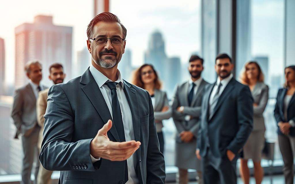 A powerful business leader stands confidently in a sleek, modern office, dressed in a sharp tailored suit. In the foreground, the leader gestures calmly, exuding an air of authority and competence. In the middle ground, a diverse group of engaged colleagues, also in professional attire, observe intently, showcasing a spectrum of expressions ranging from curiosity to respect. The background features large windows that blur the cityscape outside, filled with tall buildings under a bright, clear sky, symbolizing opportunity and ambition. Soft, warm lighting subtly highlights the figures, creating a welcoming yet professional atmosphere. The angle captures the leader slightly from below, emphasizing their stature, while conveying a sense of empowerment and control in social interactions. A powerful business leader stands confidently in a sleek, modern office, dressed in a sharp tailored suit. In the foreground, the leader gestures calmly, exuding an air of authority and competence. In the middle ground, a diverse group of engaged colleagues, also in professional attire, observe intently, showcasing a spectrum of expressions ranging from curiosity to respect. The background features large windows that blur the cityscape outside, filled with tall buildings under a bright, clear sky, symbolizing opportunity and ambition. Soft, warm lighting subtly highlights the figures, creating a welcoming yet professional atmosphere. The angle captures the leader slightly from below, emphasizing their stature, while conveying a sense of empowerment and control in social interactions.
