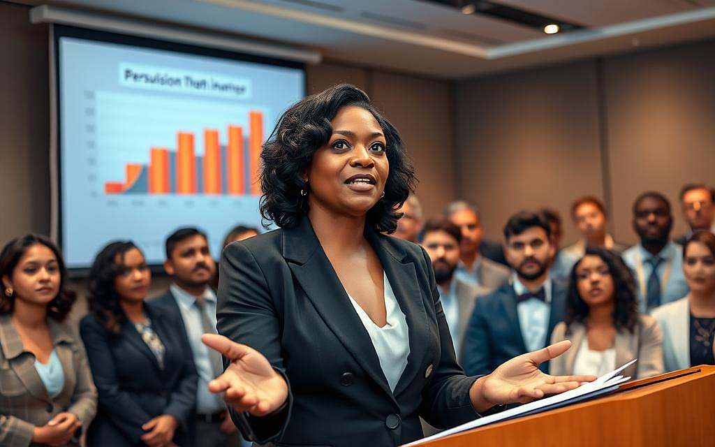 A professional business presentation setting where a confident speaker, dressed in smart business attire, stands at a podium engaging a diverse audience. The foreground features the speaker, a middle-aged Black woman, passionately gesturing with her hands, conveying conviction. In the middle ground, a captivated audience of men and women from various ethnic backgrounds is leaning forward, showing interest. The background reveals a large screen displaying an impactful image or graph related to persuasion techniques in presentations, subtly blurred. Soft, warm lighting from above illuminates the scene, creating a welcoming atmosphere. The angle is slightly low to enhance the speaker's authority, and the overall mood is inspiring and motivating, emphasizing effective communication and influence in the workplace. A professional business presentation setting where a confident speaker, dressed in smart business attire, stands at a podium engaging a diverse audience. The foreground features the speaker, a middle-aged Black woman, passionately gesturing with her hands, conveying conviction. In the middle ground, a captivated audience of men and women from various ethnic backgrounds is leaning forward, showing interest. The background reveals a large screen displaying an impactful image or graph related to persuasion techniques in presentations, subtly blurred. Soft, warm lighting from above illuminates the scene, creating a welcoming atmosphere. The angle is slightly low to enhance the speaker's authority, and the overall mood is inspiring and motivating, emphasizing effective communication and influence in the workplace.