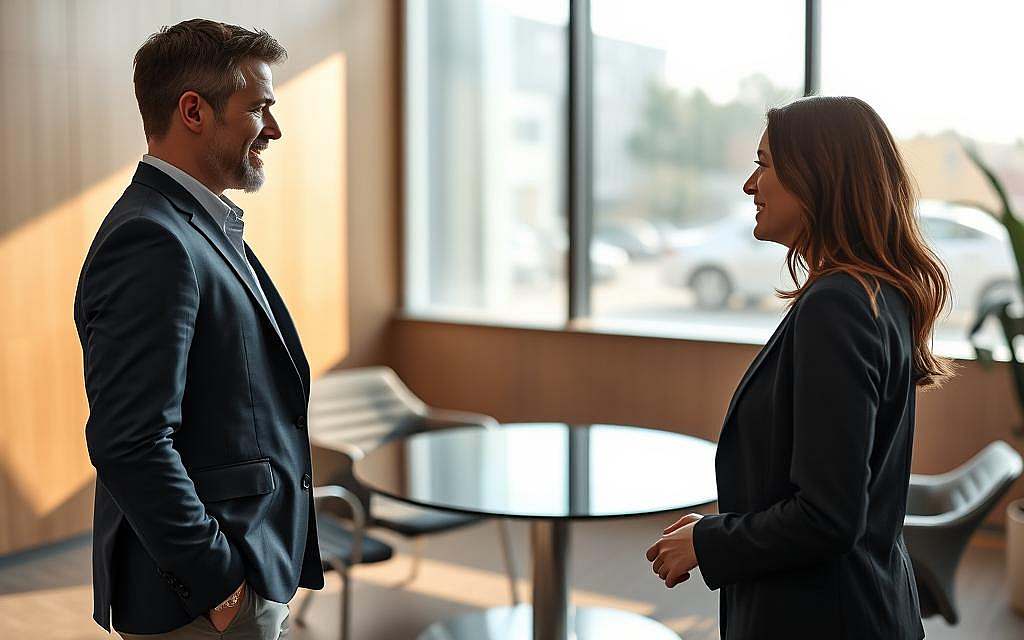 A professional business setting featuring two individuals engaged in a deep conversation, reflecting trust-building in relationships. In the foreground, a man and a woman, dressed in smart business attire, face each other with warm, inviting expressions. Their body language is open, with a slight lean towards one another, symbolizing connection and engagement. In the middle ground, a sleek, modern conference room with a round table and soft lighting creates an inviting atmosphere. A large window in the background allows natural light to flood the room, casting gentle shadows and enhancing the mood of collaboration and intimacy. The overall ambiance should convey warmth and professionalism, emphasizing the theme of trust as a psychological mechanism in relationships. A professional business setting featuring two individuals engaged in a deep conversation, reflecting trust-building in relationships. In the foreground, a man and a woman, dressed in smart business attire, face each other with warm, inviting expressions. Their body language is open, with a slight lean towards one another, symbolizing connection and engagement. In the middle ground, a sleek, modern conference room with a round table and soft lighting creates an inviting atmosphere. A large window in the background allows natural light to flood the room, casting gentle shadows and enhancing the mood of collaboration and intimacy. The overall ambiance should convey warmth and professionalism, emphasizing the theme of trust as a psychological mechanism in relationships.