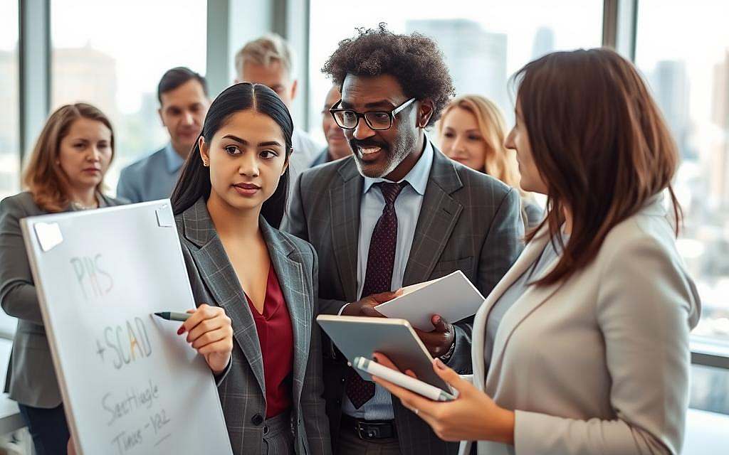 A professional, diverse group of individuals in a modern office setting, engaged in a collaborative brainstorming session. In the foreground, a young woman in business attire sketches ideas on a whiteboard, her expression focused and determined. Beside her, an older gentleman with glasses thoughtfully observes, taking notes on a tablet, symbolizing the transfer of experience and wisdom. In the middle ground, colleagues of varying ages and backgrounds discuss animatedly, showcasing the layering of professional identities across different life stages. The background features bright natural lighting from large windows, with cityscape views, creating an atmosphere of ambition and growth. The overall mood conveys a sense of teamwork and professional development, emphasizing both personal and psychosocial maturation in career identity. A professional, diverse group of individuals in a modern office setting, engaged in a collaborative brainstorming session. In the foreground, a young woman in business attire sketches ideas on a whiteboard, her expression focused and determined. Beside her, an older gentleman with glasses thoughtfully observes, taking notes on a tablet, symbolizing the transfer of experience and wisdom. In the middle ground, colleagues of varying ages and backgrounds discuss animatedly, showcasing the layering of professional identities across different life stages. The background features bright natural lighting from large windows, with cityscape views, creating an atmosphere of ambition and growth. The overall mood conveys a sense of teamwork and professional development, emphasizing both personal and psychosocial maturation in career identity.